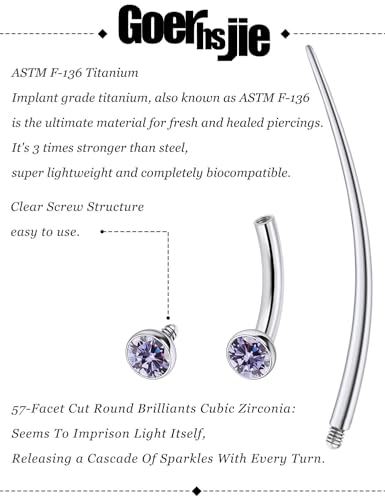 F136 Titanium 16g 6/8/10mm Eyebrow/Rook/Snug/Vertical-Labret/VCH/Snake-Eyes/Anti-Tragus/Christina/Daith/Belly-Button/Bridge/Hood/Surface Curved Barbell Piercing Jewelry for Women Men - color: Purple, size: 6 mm (1/4 in)