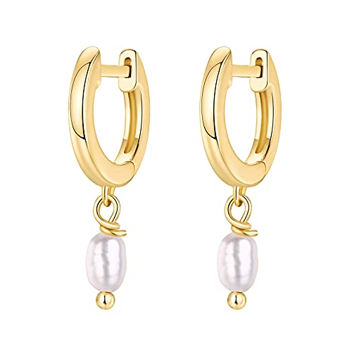 PAVOI 14K Gold Plated Huggie Hoop Earrings with Charms for Women - 925 Sterling Silver Posts Dainty Motif Huggie Hoop Dangle Earrings - Lightweight Dangle Drop Jewelry with Cubic Zirconia - style: Pearl
