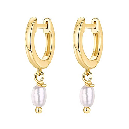PAVOI 14K Gold Plated Huggie Hoop Earrings with Charms for Women - 925 Sterling Silver Posts Dainty Motif Huggie Hoop Dangle Earrings - Lightweight Dangle Drop Jewelry with Cubic Zirconia - style: Pearl