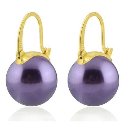 HUGE TOMATO 925 Sterling Silver Simulated Shell Pearl Earrings for Women Trendy, Big Pearl Drop Earrings Leverback Stud,18K Gold Plated Large Pearl Hoop Dangle Hypoallergenic Jewelry 14mm - color: Purple