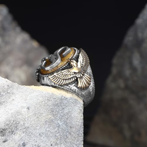 925 Sterling Silver Personalized Ring for Men, Tiger's Eye Stone Men's Ring, Eagle Design Silver Men Ring, Customizable Letter Ring, Silver Initial Men Ring, Monogram Silver Ring