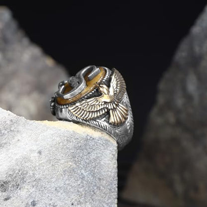 925 Sterling Silver Personalized Ring for Men, Tiger's Eye Stone Men's Ring, Eagle Design Silver Men Ring, Customizable Letter Ring, Silver Initial Men Ring, Monogram Silver Ring