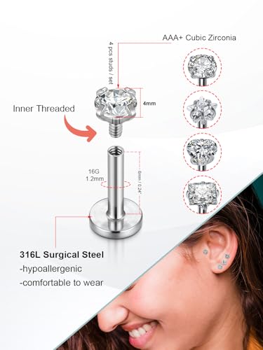 PiercingJ 2-4pcs 16g 316L Stainless Steel 3mm Cubic Zirconia Labret Monroe Lip Ring/Tragus/Helix Earring,6-12mm Bar Length - style: 3mm zirconia round / 6mm bar