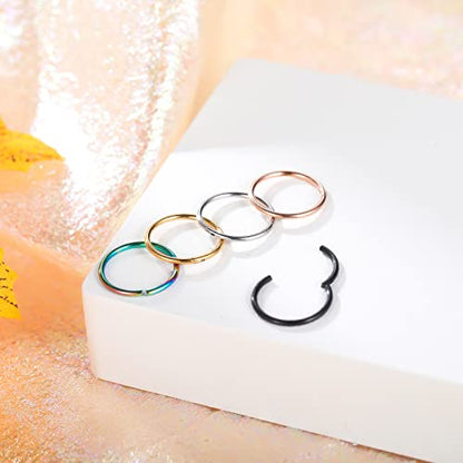 Aumeo 14G 16G 18G 20G Nose Ring Hoop Stainless Steel Hinged Segment Rings Hoops Nose Clicker Ring Tragus Helix Cartilage Daith Rook Earring Piercing Jewelry for Women Men - style: 5pcs 20g 9mm Mixed Colors