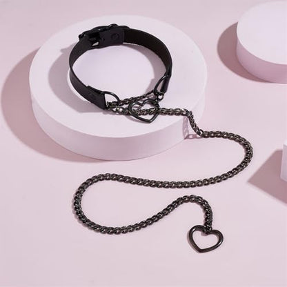 MIFYNN Heart O ring Slip Chain Necklaces for Women Stainless Steel Cuban Chain Bar Necklace Punk Rock Collar Necklace Handmade Adjustable Lariat Y Necklaces for Men - color: Black leather