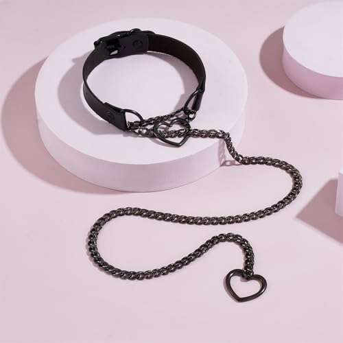Leather Choker Slip Chain Necklace Stainless Steel Cuban Link Long Necklaces Gothic Punk Heart Chain Necklace Handmade Collars for Women - color: Black+Black