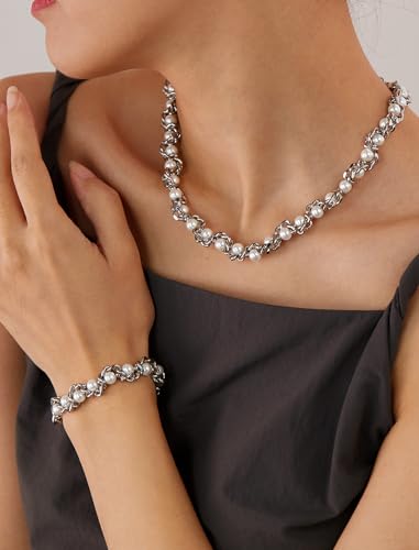 Faux Pearl Chain Bracelet for Women, White Silver Gold Plated Stainless Steel Link Cuff Bridal Wedding Christmas Valentine's Day Mother's Day Anniversary Birthday Jewelry Gifts Box for Her