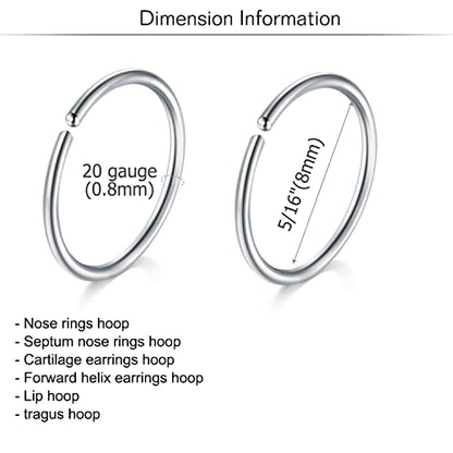 18g 20g 22g Nose Rings Hoops Silver Gold Hoop Nose Ring Surgical Steel Hypoallergenic Cartilage Hoop Earring Thin Helix Earring Hoops Tiny Small Lip Rings Piercing Jewelry 6mm 8mm 10mm - color: Silver 20g 8mm