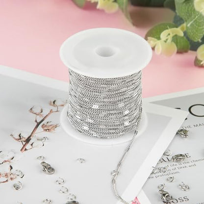 Kyutong Thin Curb Chains Bulk on Spool Silver Chain for Jewelry Making | 32.8 Feet 304 Stainless Steel Jewelry Chain with Clasps Men Women Necklace Bracelet Making Chain Supplies - color: Flat Curb Silver