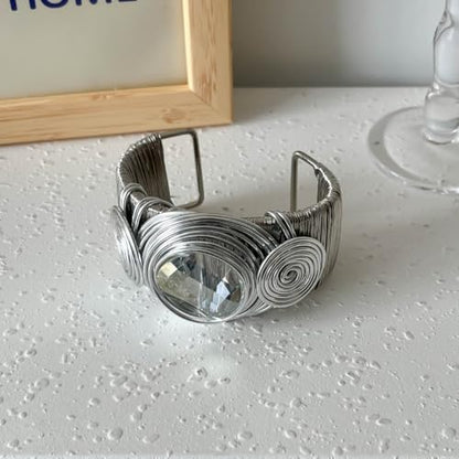 Chunky Cuff Bracelets for Women Wide Gold/Silver Cuffs Bangle Hollow Out Adjustable Bracelets Punk Vintage Jewelry - style: Gray Crystal