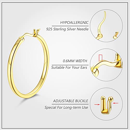 18K Gold Plated Hoop Earrings - 925 Sterling Silver Hoop Earrings Womens Hypoallergenic Hoops | Square Tube Hoop Earrings for Women 15mm/20mm/30mm/40mm - color: Gold 15-20-30mm