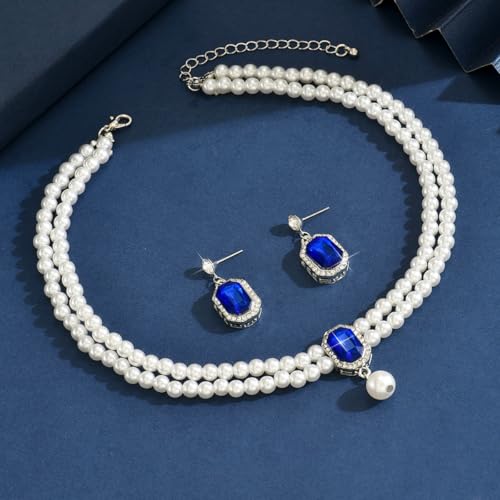 Pearl Necklace and Earring Jewelry Set for Women,Fake Pearls Necklace White Pearl Rhinestone Choker for Prom Wedding Birthday Bridal Bridesmaid Costume Accessories