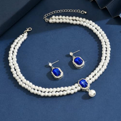 Pearl Necklace and Earring Jewelry Set for Women,Fake Pearls Necklace White Pearl Rhinestone Choker for Prom Wedding Birthday Bridal Bridesmaid Costume Accessories