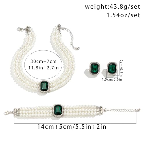 Wekicic Faux Pearl Necklace Earrings Set for Women Crystal Pearl Choker Necklace Bracelet Set 1920s Jewelry for Wedding Party - color: Green