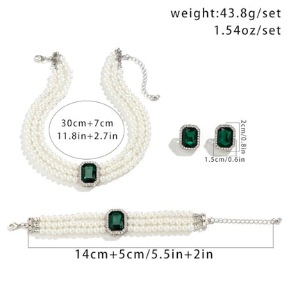 Wekicic Faux Pearl Necklace Earrings Set for Women Crystal Pearl Choker Necklace Bracelet Set 1920s Jewelry for Wedding Party - color: Green