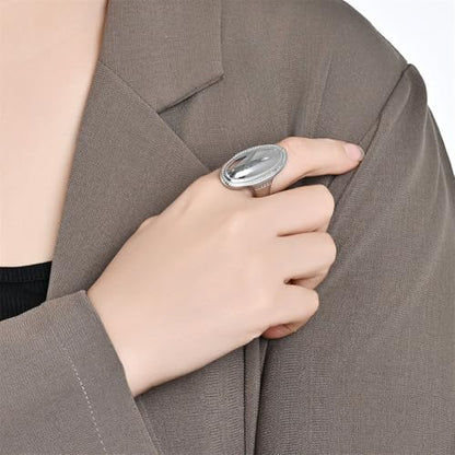 HIJONES Women's Stainless Steel Oval Checker Groove Rugby Ball Groove Dome Signet Ring Wedding Jewellery - color: Gold
