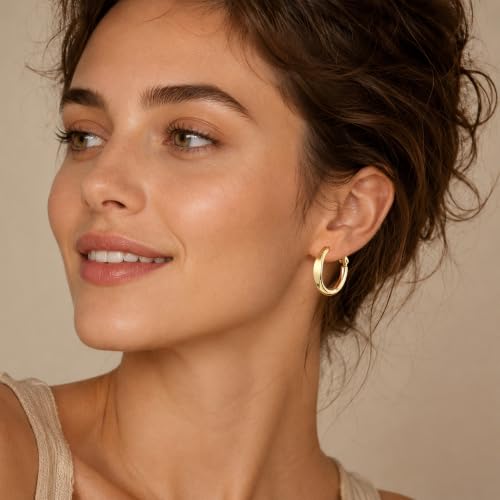 sovesi Flat Edge Chunky Hoop Earrings for Women 14k Gold Plated, 5mm Thick Hoops, Lightweight Hypoallergenic Hoop Earrings - color: Gold 25mm