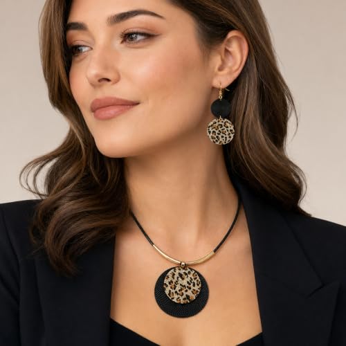 Statement Necklace and Earrings Set – 2PCS Gold Silver Chunky Geometric Pendant Jewelry with Snake Chain, Asymmetrical Ellipse Y-Necklace Metallic Fashion Jewelry for Women - color: D:Leopard Pattern