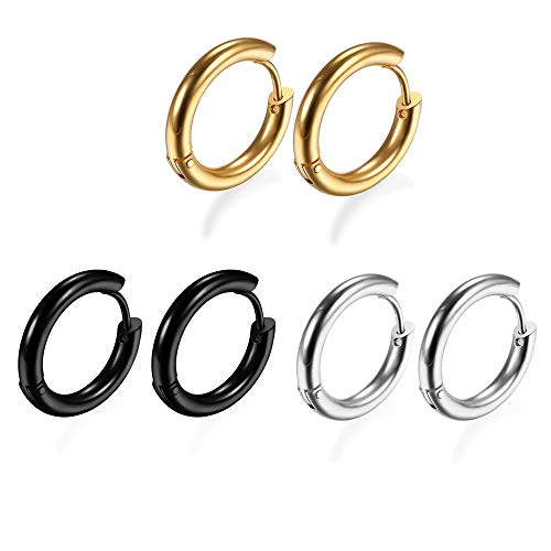 316L Surgical Stainless Steel Huggie Hoop Earrings 6mm 8mm 10mm 11mm 12mm 14mm Hypoallergenic Earrings Hoop Cartilage Helix Lobes Hinged Sleeper Earrings For Men Women - style: A05:6mm Gold+Silver+Black(6Pcs)
