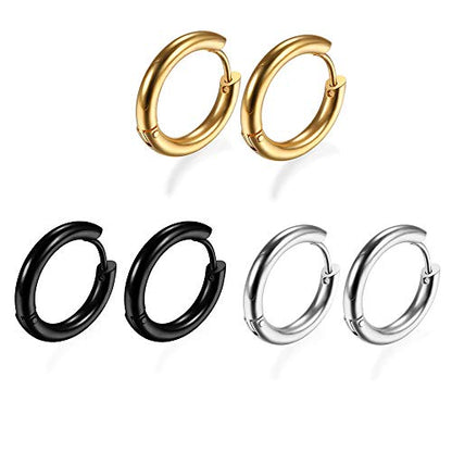 316L Surgical Stainless Steel Huggie Hoop Earrings 6mm 8mm 10mm 11mm 12mm 14mm Hypoallergenic Earrings Hoop Cartilage Helix Lobes Hinged Sleeper Earrings For Men Women - style: A05:6mm Gold+Silver+Black(6Pcs)
