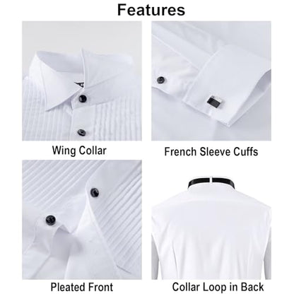 FAHIZO Men's White Tuxedo Shirt with Wing Collar, French Cuffs & Accessories - color: Bow Tie/White-a, size: Medium