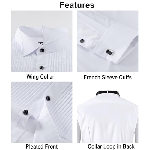 FAHIZO Men's White Tuxedo Shirt with Wing Collar, French Cuffs & Accessories - color: Bow Tie/Black, size: Medium