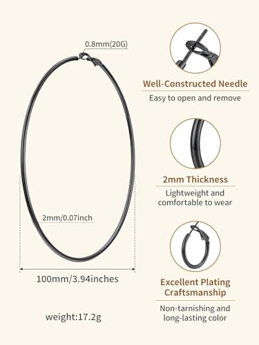 FindChic Thin Hoop Earrings for Women,Silver/Black/Gold Plated 20-100mm - color: Black, size: 100mm