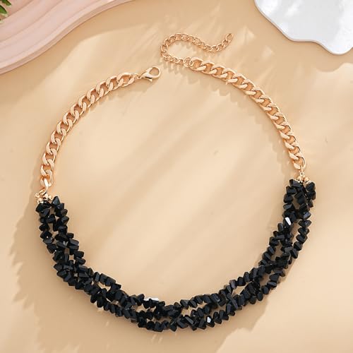 Crystal Statement Necklace with Gold Chain, Black and Clear Crystal Clusters, Chunky Curb Link Design, Fashion Jewelry for Women - color: Black