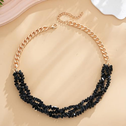 Crystal Statement Necklace with Gold Chain, Black and Clear Crystal Clusters, Chunky Curb Link Design, Fashion Jewelry for Women - color: Black