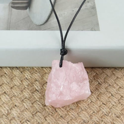 FANASY Natural Raw Crystal Necklace for Women Irregular Stone Necklaces Spiritual Gemstone Pendant with Adjustable Rope - color: Rose Quartz