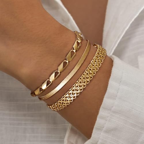 Gold/Silver Bracelets for Women,14K Real Gold Plated Bracelets Stack Trendy Jewelry Sets Stackable Snake Chain Figaro Paperclip Link Chain Adjustable Bracelet Pack Jewelry for Women - style: 3PCS-GD
