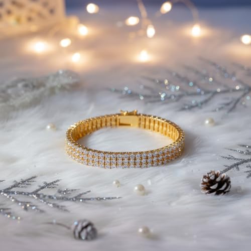 2 Rows Tennis Bracelets for Women Men - 18K Yellow Gold Plated 3mm Round Cut Cubic Zirconia Classic Tennis Bracelet, Size 6.5-8.5 Inch - color: Gold - 3 Rows, size: 8 inch