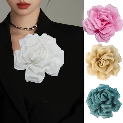 Flash Camellia Flower Brooch Pin for Women Men Elegant Texture Fabric Dahlia Rose Floral Brooches Lapel Pins Dainty Wedding Holiday Party Costume Dress Accessories Jewelry - color: White