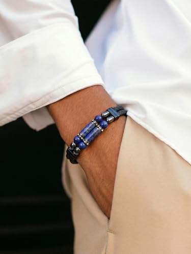 Mens Leather Turquoise/Tiger Eye/Obsidian/Lava Stone Bracelet–Braided Multi‑Layer Wristband Cuff Bangle Barcelet–Jewelry Box and Pouch Packing - color: Lapis Lazuli, size: 9in(Fits larger wrists)