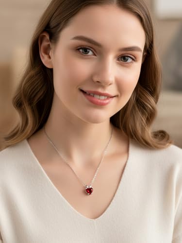 CYW Genuine Sapphire/Emerald/Ruby/Moissanite Necklace for Women, Really Authentic Solid 925 Sterling Silver, 16"/18"/20" Adjustable Chain, Anniversary Mother's Day Valentines Gift - color: Ruby - Heart - White Gold, size: 8mm