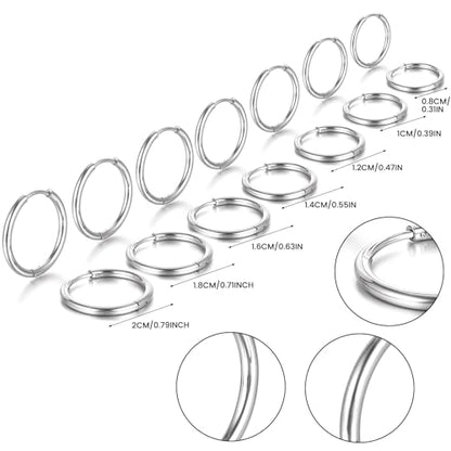 Mabor 7 Pairs Stainless Steel Hoop Earrings for Women Men | Silver Small Stainless Steel Huggie Hoop Earrings Piercings Cartilage 8, 10, 12 ,14, 16, 18, 20 mm