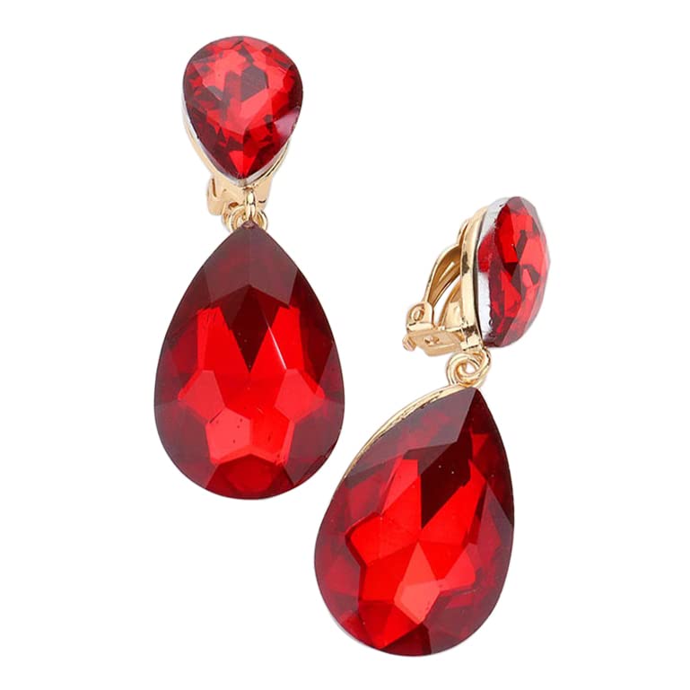 Rosemarie & Jubalee Women's Double Teardrop Statement Glass Crystal Rhinestone Dangle Clip On Bridal Earrings, 2" - color: Red Crystal Gold Tone