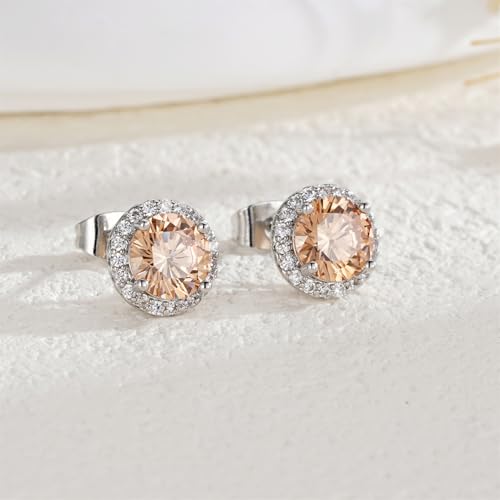 YOMELA Round Cubic Zirconia Stud Earrings for Women | Everyday Dainty, Diamond-Like Brilliance, CZ Halo Birthstone Studs, Hypoallergenic & Lightweight, Elegant & Versatile - color: Champagne