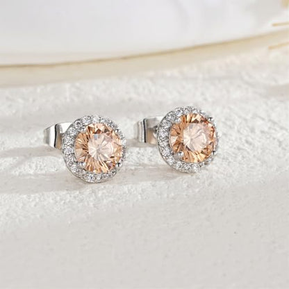 YOMELA Round Cubic Zirconia Stud Earrings for Women | Everyday Dainty, Diamond-Like Brilliance, CZ Halo Birthstone Studs, Hypoallergenic & Lightweight, Elegant & Versatile - color: Champagne