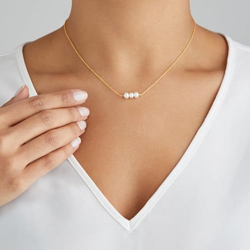 Pearl Necklace for Women, Dainty Pearls Choker Necklace for Women 14K Gold Plated Layered Pendant Necklace Handmade Gold Chain Necklace Everyday Jewelry Gift - color: Bar Three Pearls-Gold