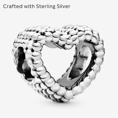 PANDORA Beaded Open Heart Charm - Romantic Heart Jewelry Gift with Gift Box - Textured Beaded Silhouette - Compatible with PANDORA Moments Bracelets - Sterling Silver