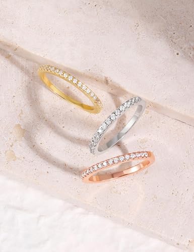 EAMTI 2mm Wedding Band Cubic Zirconia Half/Full Eternity Stackable Brass Engagement Ring Size 3-13 - color: Half-Eternity-Gold