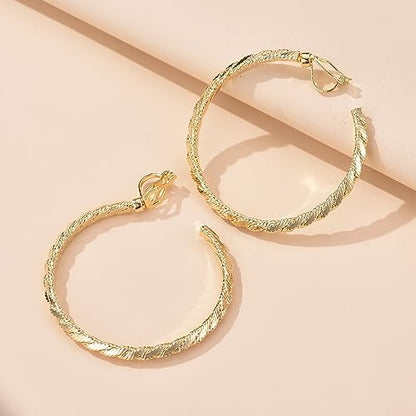 YOQUCOL 5CM(2.0IN) Golden Swingable Clip On Hoop Earrings for Women Non Pierced Ears Hoop Earrings - color: E