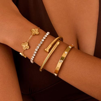 18K Gold Plated Bangle Bracelets Stack for Women,Four Leaf Clover Stackable Bracelets Non Tarnish,4 Pcs Jewelry sets Gifts - color: Gold