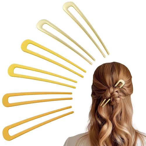 6Pcs Metal French Hair Pins for Women U Shape Sticks 3.9 Inch Vintage Fork for Hairstyle Accessories(Gold/Orange/Yellow) - color: Gold/Orange/Yellow