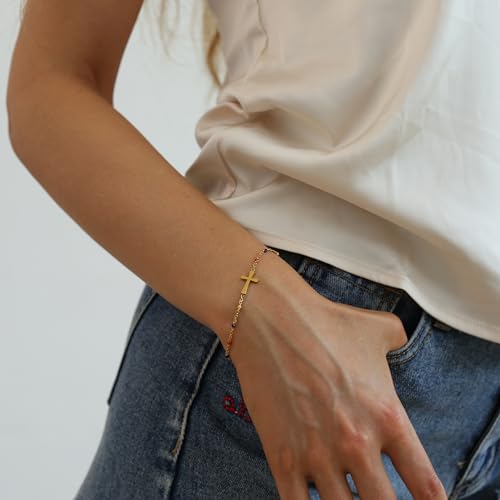 18K Gold Plated Pearl Beaded Cross Bracelets for Women Adjustable Stainless Steel Dainty Thin Gold Box Cuban Twisted Link Chain Bracelet Bridesmaid Jewelry Gifts - color: Colorful Cross-Gold
