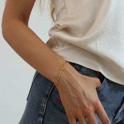 18K Gold Plated Pearl Beaded Cross Bracelets for Women Adjustable Stainless Steel Dainty Thin Gold Box Cuban Twisted Link Chain Bracelet Bridesmaid Jewelry Gifts - color: Colorful Cross-Gold