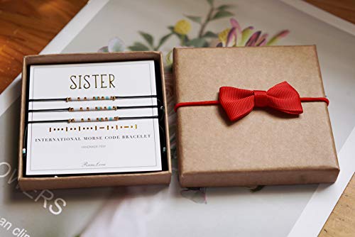 RareLove 3 Pieces Sisters Morse Code Bracelet Friendship Birthday Best Friends Gift For 3 Women Blue White Tiny Pony Seed Beads Black String Bracelets - size: 6.69 inches + 1.77 inches extender (Pack of 2)