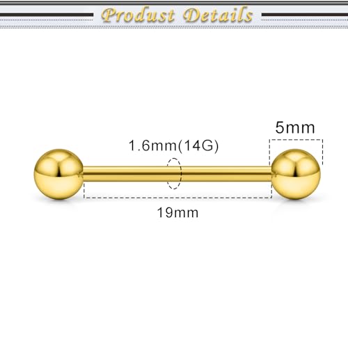 16G 14G Surgical Steel Tongue Rings Nipple Rings Industrial Piercing Jewelry Set Multi Size Straight Barbells 12mm 14mm 16mm 19mm 22mm 28mm 32mm 35mm 38mm 40mm 45mm for Women Men - color: goldtone, size: 14g,bar length 19mm