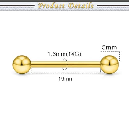 16G 14G Surgical Steel Tongue Rings Nipple Rings Industrial Piercing Jewelry Set Multi Size Straight Barbells 12mm 14mm 16mm 19mm 22mm 28mm 32mm 35mm 38mm 40mm 45mm for Women Men - color: goldtone, size: 14g,bar length 19mm